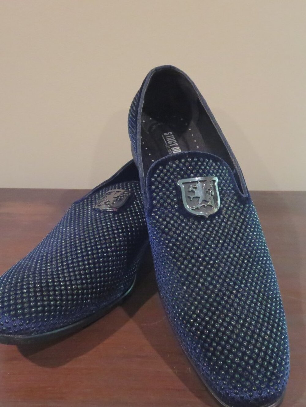 Men's Navy STACY ADAMS Swagger Studded Ornament Slip-on Shoes Sz 14